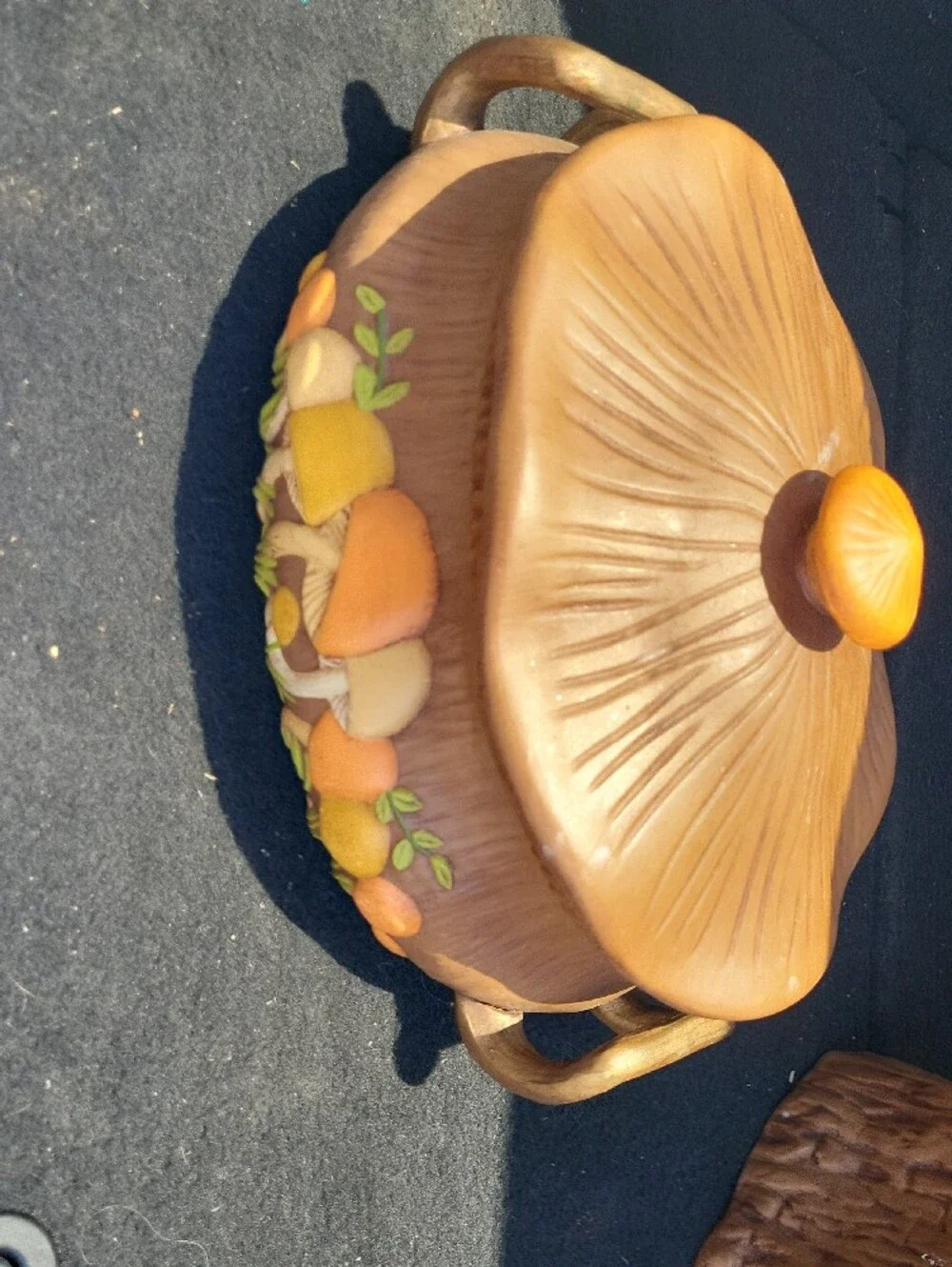 Handcrafted Woodland Mushroom 1970 Ceramic Covered Dish in Brown and Orange